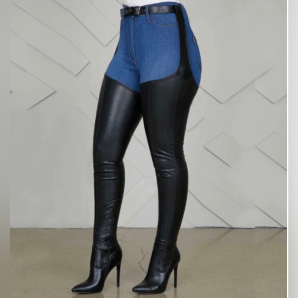 AKIRA thigh high stiletto chap boot with strap, size 11, 4.5 inch heel